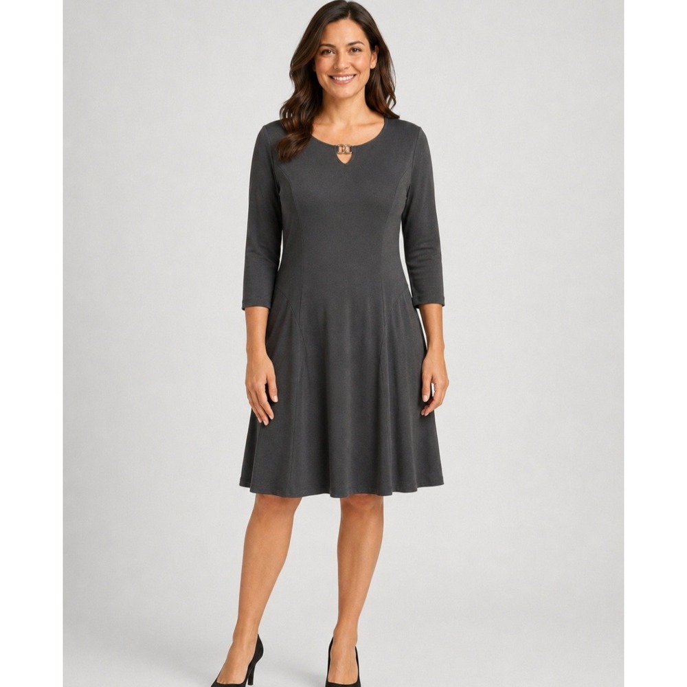 Susan Graver Liquid Knit Fit & Flare Dress Med Black 3/4 Sleeve Keyhole Neckline